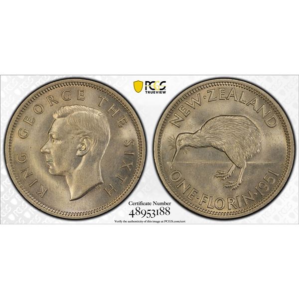 NEW ZEALAND: George VI, 1936-1952, 1 florin, 1951, PCGS MS64