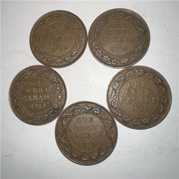 Canada Large One Cent Lot 1916 1917 1918 1919 1920 Five Coin Set King George 5th