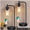 Image 1 : Qimh Industrial Touch Control Table Lamp with 2 USB Ports and AC Outlets, 3-Way Dimmable Bedside Nig