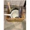 Image 1 : Lot of assorted kitchen items, cups, strainers, paper towel holder with wooden storage box