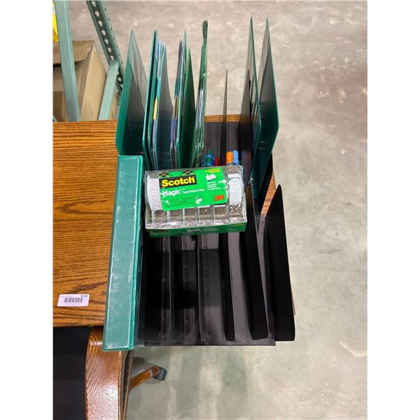 Lot of desktop file organizers, file folders, binders and assorted office supplies