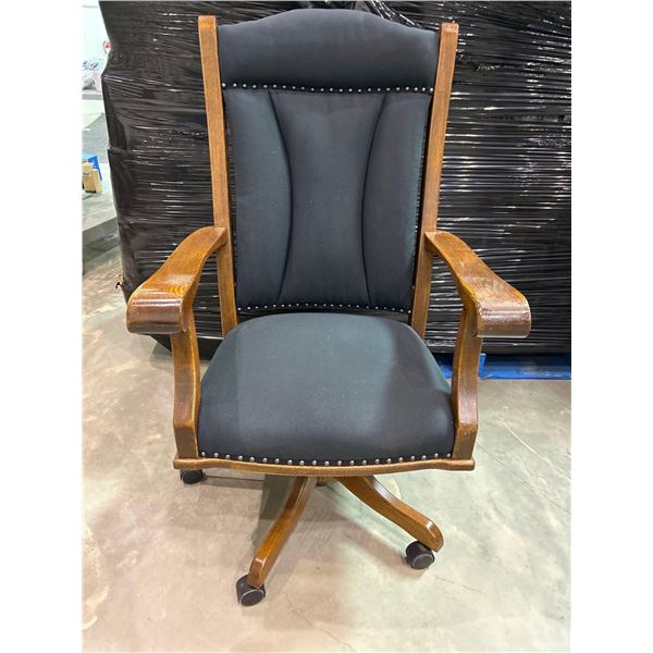 Dark grey upholstered adjustable office chair solid oak arm rests and back