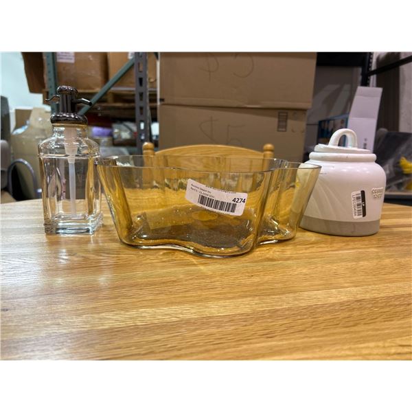 Combo lot of flower shaped serving dish, soap dispenser and ground coffee jar