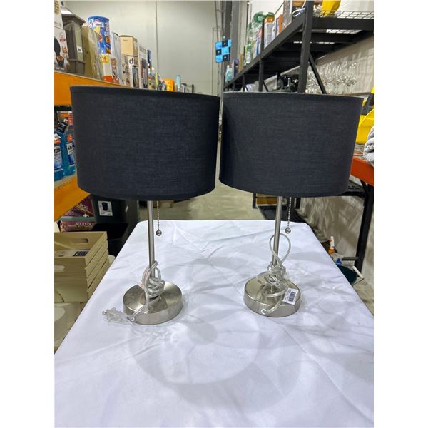 Lot of 2 brushed silver lamps with black lampshades and pull down switch