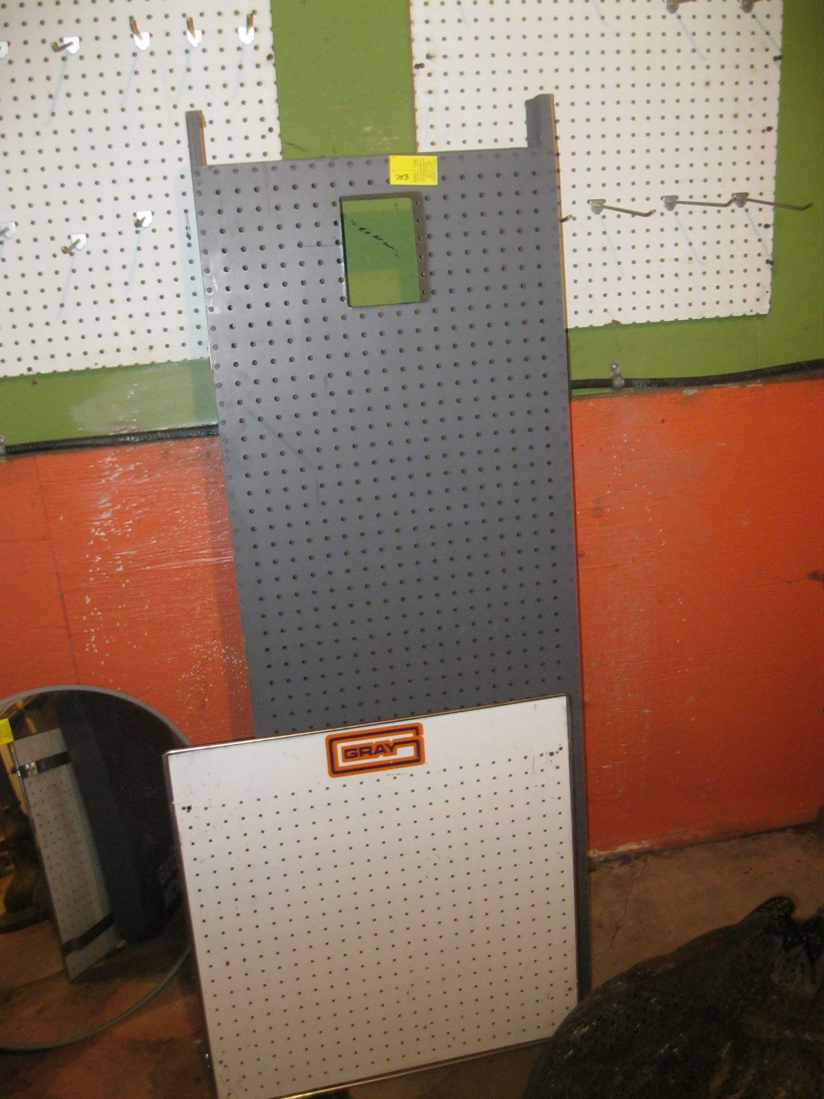 PEGBOARD RACK & GREY PEGBOARD RACK & PEGBOARD W/HOOKS ON WALL