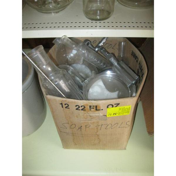 BOX OF MISC. LABORATORY GLASS, ETC.