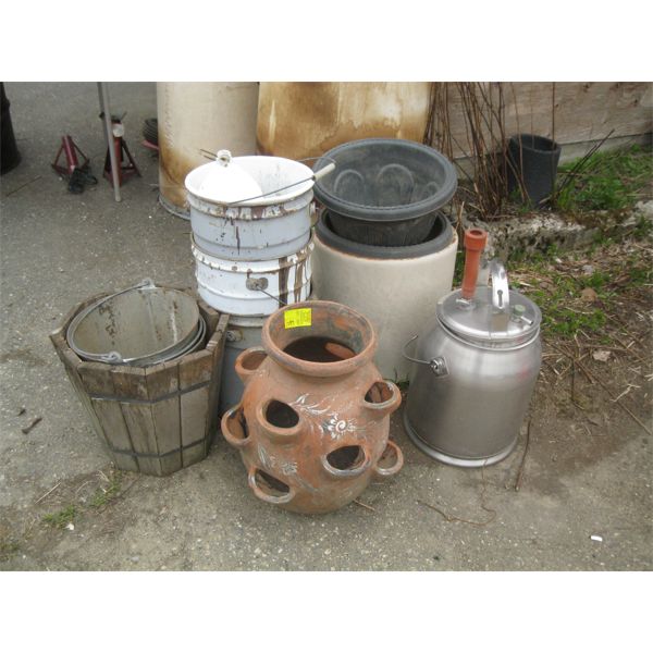 MISC: STAINLESS STEEL MILKING CAN, GALVANIZED BUCKETS, STRAWBERRY PLANTER, ETC.