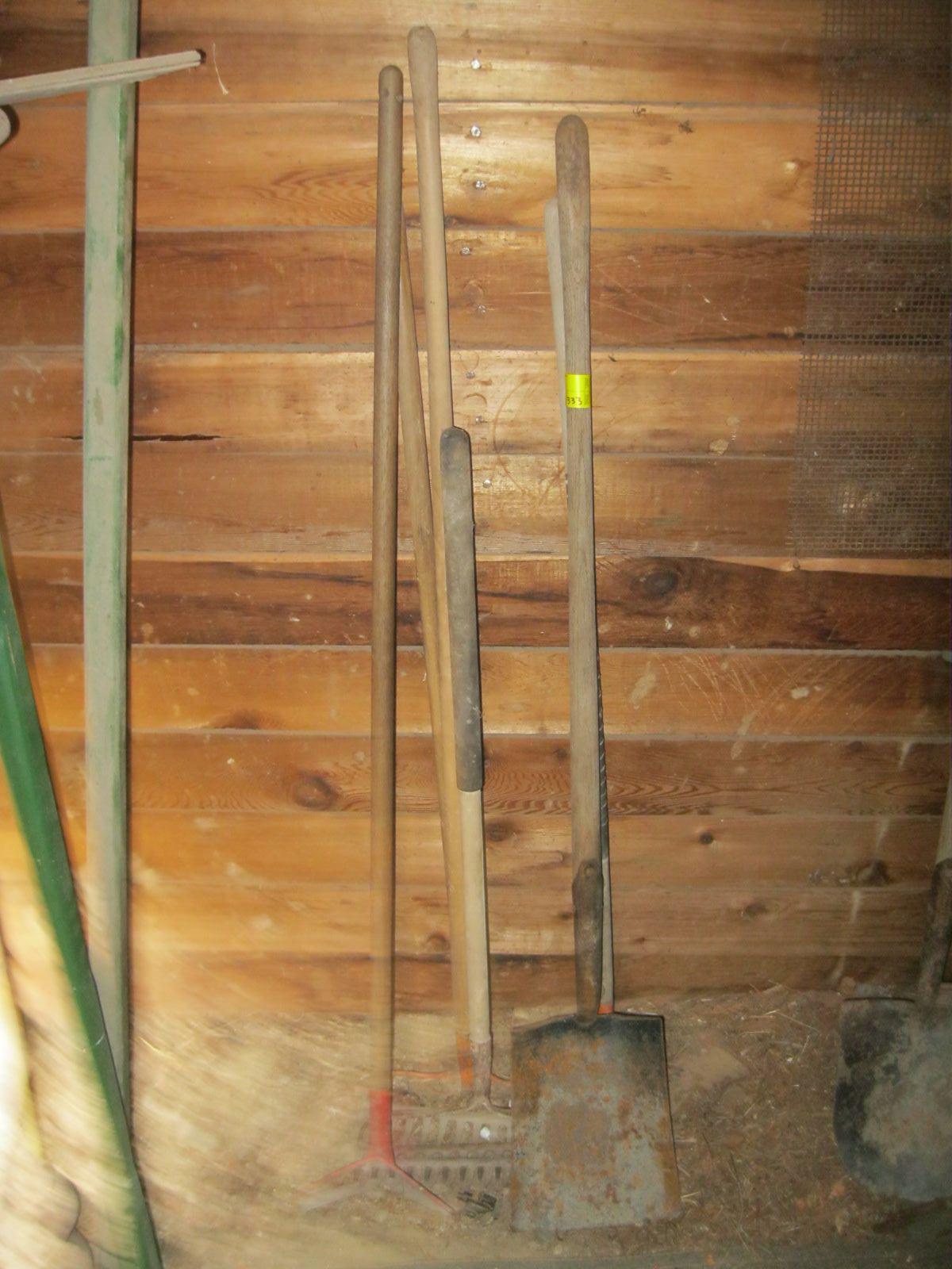 GARDEN RAKES, SHOVEL, HOE, ETC.