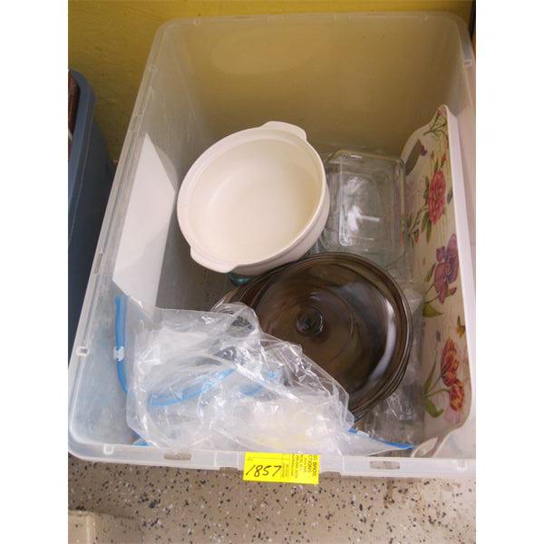 BIN OF ASST. GLASS BAKING DISHES, CUTLERY, ETC.