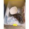 Image 1 : BIN OF ASST. GLASS BAKING DISHES, CUTLERY, ETC.