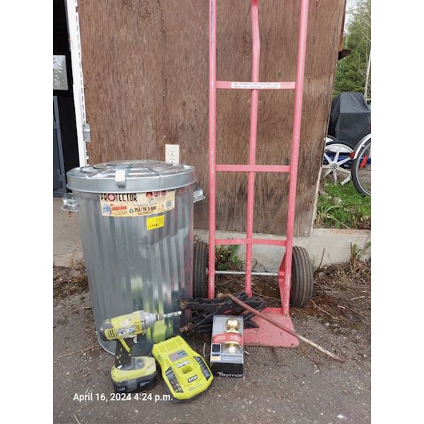 HANDTRUCK, RYOBI CORDLESS DRILL, KEYED BRASS LOCKET SCISSOR JACK, GALVANIZED STEEL CAN W/LID