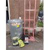 Image 1 : HANDTRUCK, RYOBI CORDLESS DRILL, KEYED BRASS LOCKET SCISSOR JACK, GALVANIZED STEEL CAN W/LID