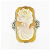 Image 4 : Antique 10k Gold Rectangular Carved Shell Cameo Etched Floral Open Filigree Ring