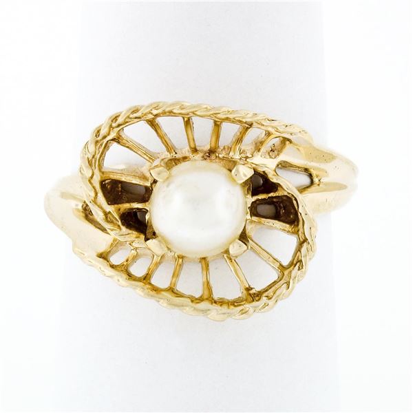 14K Yellow Gold 6.0mm Pearl Solitaire Wave Bypass Shell Open Work Cocktail Ring