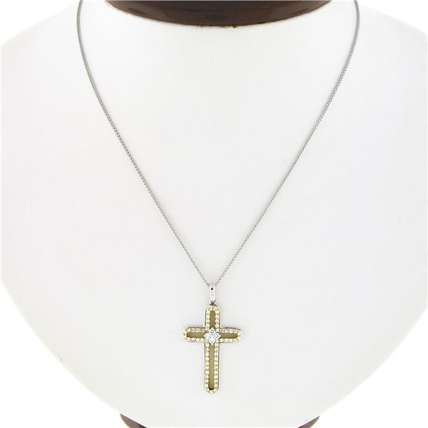 18K TT Gold 0.60 ctw Round Diamond Open Cross Pendant w/ 18.5  Wheat Link Chain