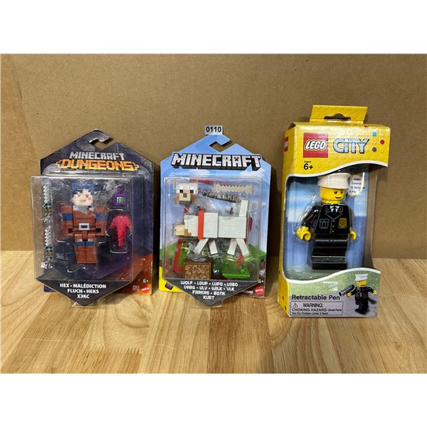 Lot of 3 Toys - Minecraft Wolf and Hex + Lego City Retractable Pen - New