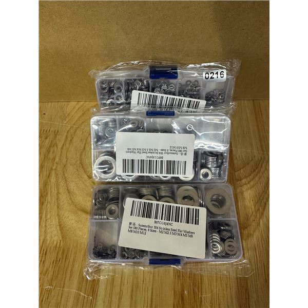 Lot of 3 Sets of Stainless Steel Flat Washers 580 Pieces - New