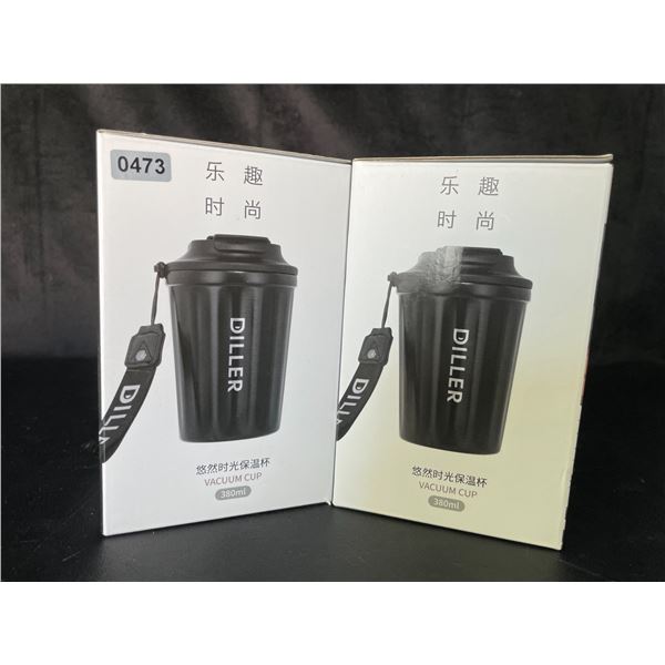 Lot of 2 Diller Vacuum Insulated Water Bottles/Mugs With Lids - 12oz/380ml - Brand New!