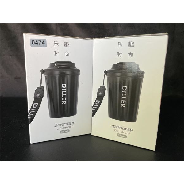 Lot of 2 Diller Vacuum Insulated Water Bottles/Mugs With Lids - 12oz/380ml - Brand New!