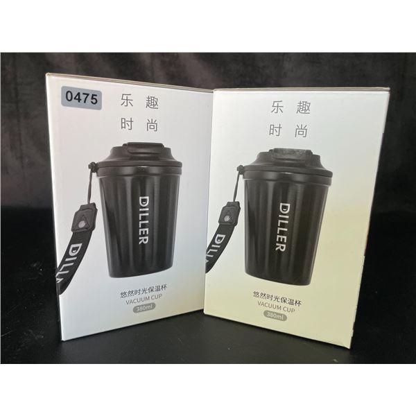 Lot of 2 Diller Vacuum Insulated Water Bottles/Mugs With Lids - 12oz/380ml - Brand New!