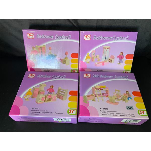 Lot of 4 Toy Doll-House Assorted Furniture Sets (Bedrooms, Kitchen, etc.) For Kids Doll/Play Houses