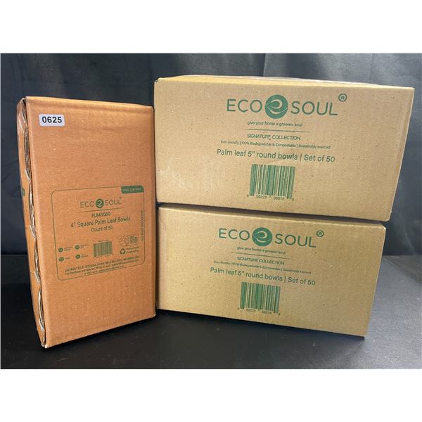 Lot of Eco Soul 4" Sqaure Palm Leaf Bowls & 2x Boxes of 5" Round Bowls - 150PCS total!