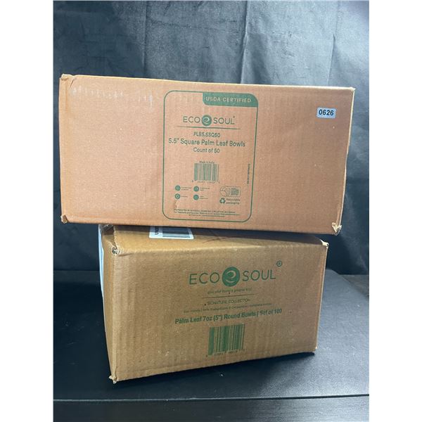 Lot of 2 Boxes of Eco Soul Palm Leaf Bowls (5.5" and 5" Size Bowls) - 150pcs Total!