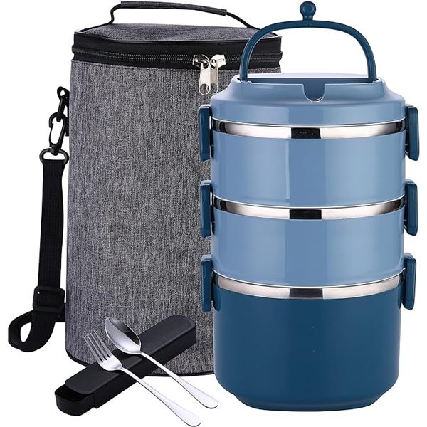 Lot of 1 Stackable 3-Layer Bento Lunch Box w/ Insulated Carrying Bag & Cutlery Set - Brand New