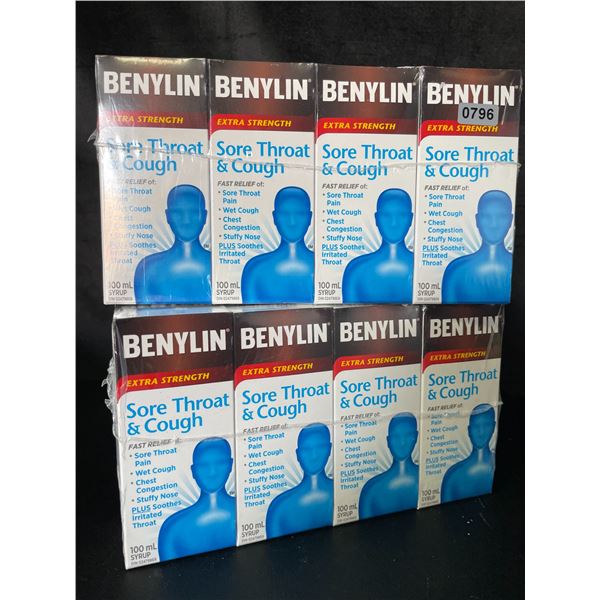 Lot of 2 Multi-Pack Boxes of Benylin Sore Throat & Cough Syrup - 4 Per Pack/8 Total - New Sealed