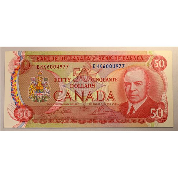 Canada 50 Dollars 1975 BC-51b A-UNC Prefix EKH Crow-Bouey