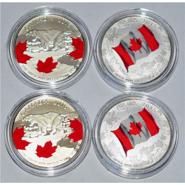 Canada Assorted Groupe of 4 coins of $25 for $25 2 x Flag Colored and 2 x True North $100 Face value