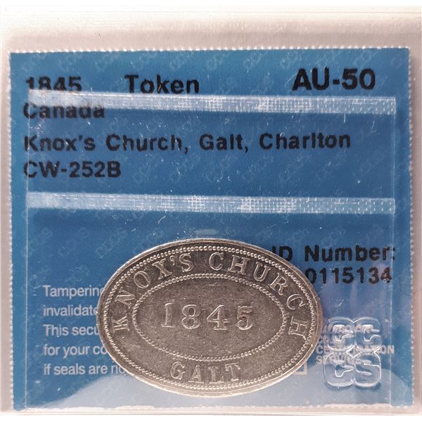 Canada Token, Knox's Church, Galt 1845, AU-50 Cert. CCCS