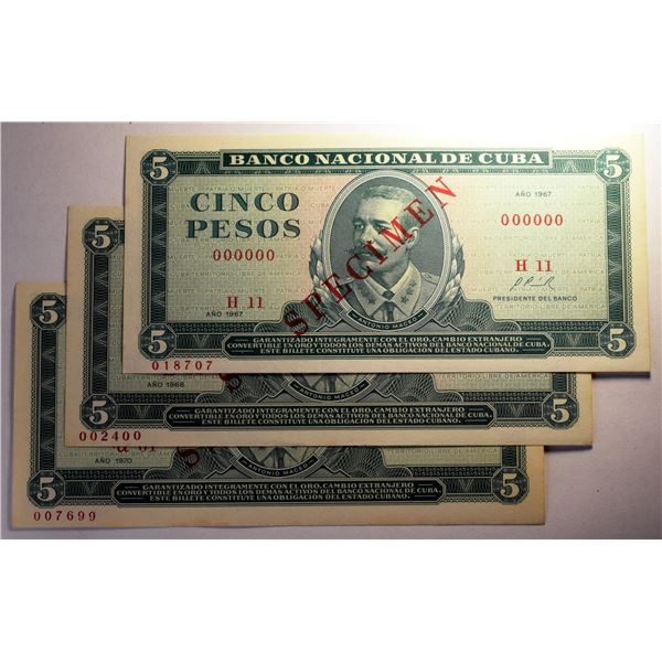 Cuba 3 x 5 Pesos 1967-68-70,  SPECIMEN  all 3 Gem-UNC (3)