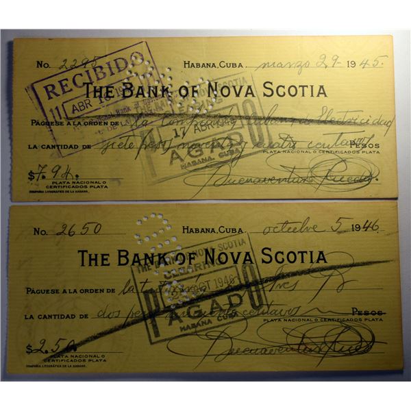Cuba, 2 Banck Cheque from Bank of Nova Scotia" 1945-46 Havana, Cuba, Foreing Bank Issue Perforated "