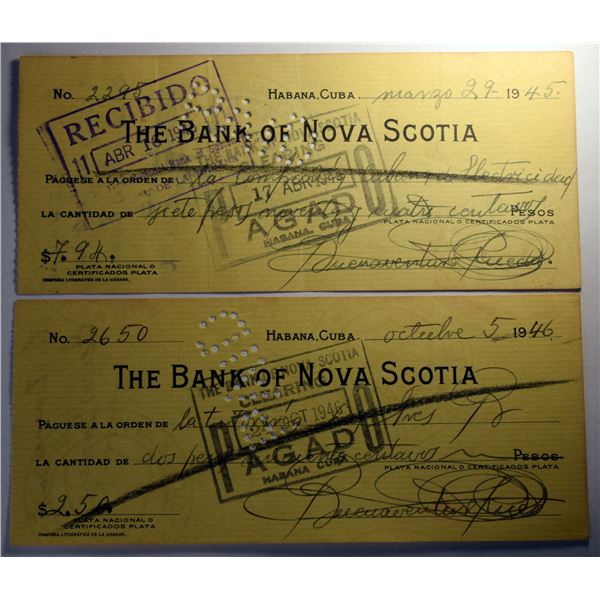 Cuba, 2 Banck Cheque from Bank of Nova Scotia  1945-46 Havana, Cuba, Foreing Bank Issue Perforated  