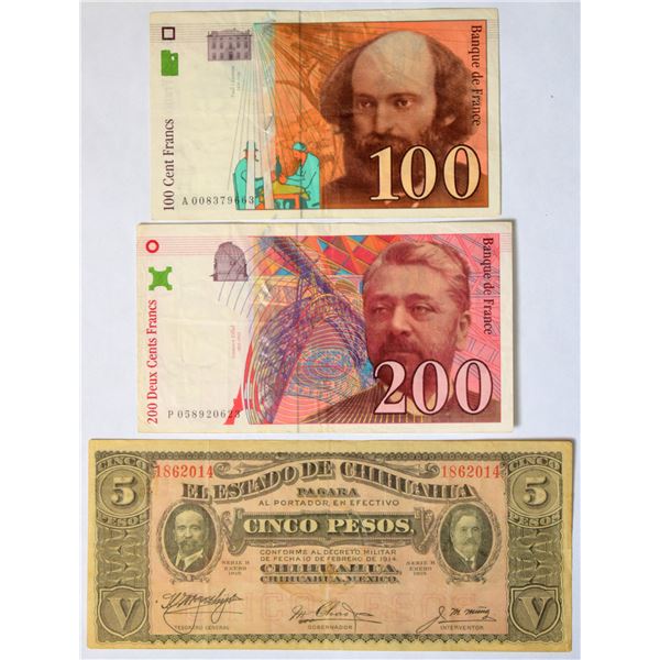 France 100 and 200 Francs 1997 + Mexico - Chihuahua 5 Pasos 1915 All VF or Better (3)