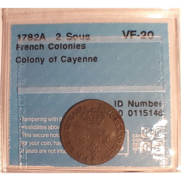 French Guiana  Cayenne  2 Sous 1782-A VF-20 Certified CCCS