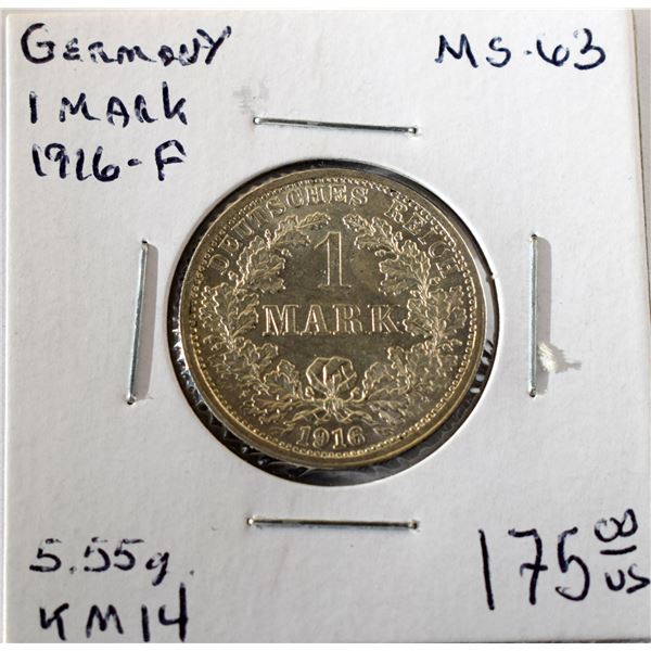 German Empire 1 Mark 1916F KM#-14 .900 5.55g UNC Semi Key Date