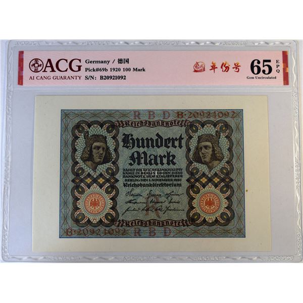 Germany 100 Mark 1920 Gem-UNC 65 and 20000 Mark 1923 Gem-UNC 66 Both  EPQ  ACG Certified