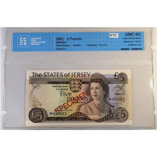 Jersey 5 Pounds ND (1978) QE-II Specimen C.S. Gem-UNC 65 Certified CCCS