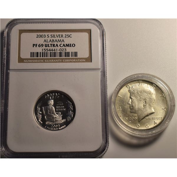 U.S.A. Half Dollar 1964 JFK MS and 25c Alabama Certified by NGC PF-69 (2) Coins both Silver