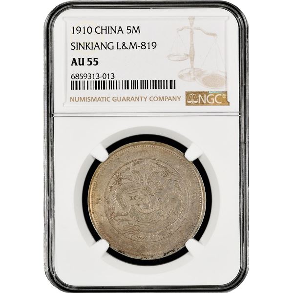 China: Sinkiang Province, 5 Mace (Miscals), 1910, NGC Graded AU 55. (L&M-819),