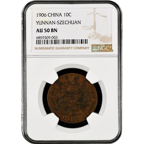 China: Yunnan-Szechuan Province, 10 Cash, 1906, KM-Y10, Kuang-hsu (Guangxu). Copper, NGC Graded AU 5