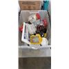 Image 1 : TOTE W/ BUILT IN LIDS FULL OF ASSORTED TOOLS, WORK LIGHTS, BOLTS, ETC