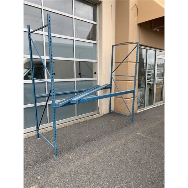 2 PALLET RACKING UPRIGHTS, 91 INCH TALL X 36 INCH DEEP, WITH 4 8FT SHELF BEAMS