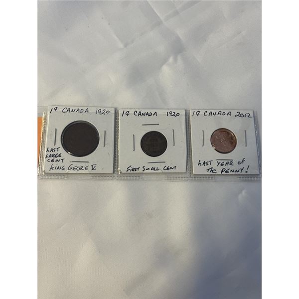 3 CANADIAN COINS - LARGE CENT 1920 ; FIRST SMALL CENT 1921 ; 2012 LAST ONE CENT