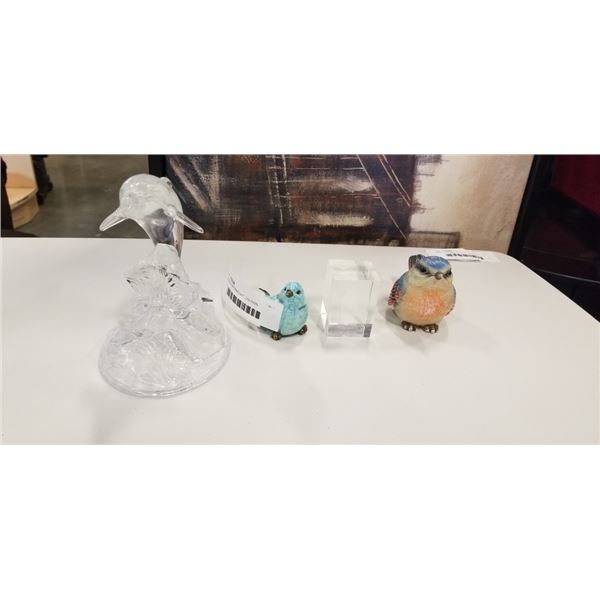 CRYSTAL PAPERWEIGHT, DOLPHIN FIUGURE AND BIRD FIGURES