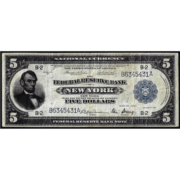 1918 $5 Federal Reserve Bank Note New York