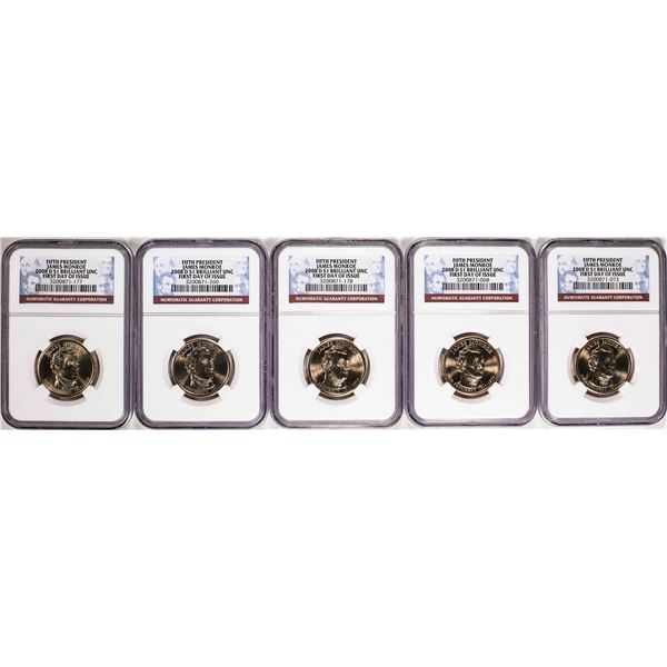 Lot of (5) 2008-D $1 James Monroe Presidential Dollar Coins NGC Brilliant Uncirculated
