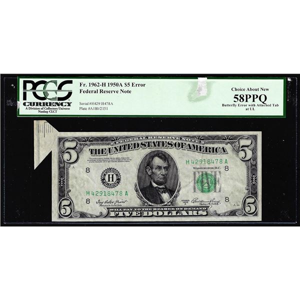 1950A $5 Federal Reserve Note St. Louis Butterfly Error PCGS Choice About New 58PPQ